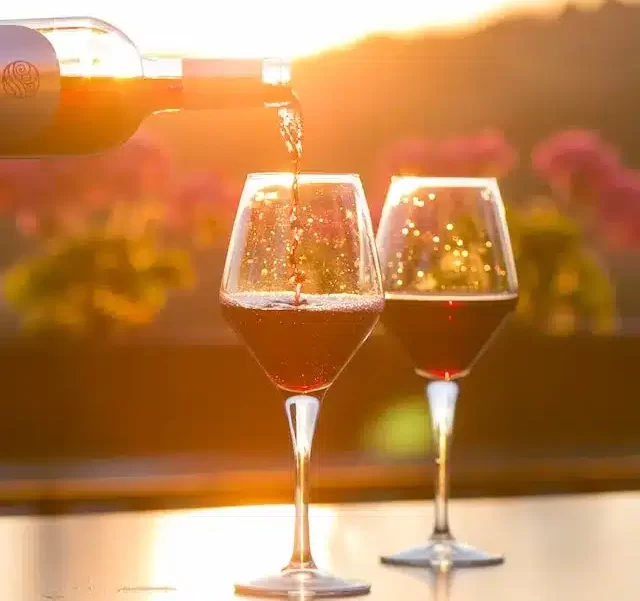 vignoble en arrière plan et deux verres à pied servis avec du vin rouge